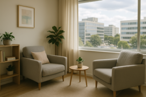 Consultório de psicologia com iluminação suave, poltronas confortáveis dispostas em frente uma à outra, decoração minimalista e janela ampla com vista urbana de Brasília ao fundo.