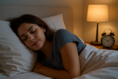 Mulher jovem dormindo tranquilamente em um quarto aconchegante, com luz suave de abajur ao fundo e despertador marcando 10:10, representando um ambiente propício para o sono de qualidade.